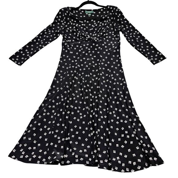 Lauren Ralph Lauren Dress Size 6 Black White Geo Print Long Sleeve Midi Y2K - Picture 4 of 10